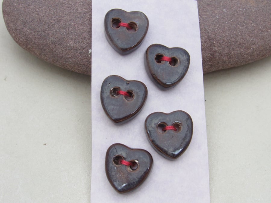 5 Small Heart Shaped Dark Amethyst Ceramic Buttons