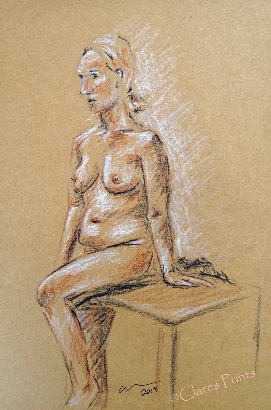 Seated Nude Lady Original Drawing Art 