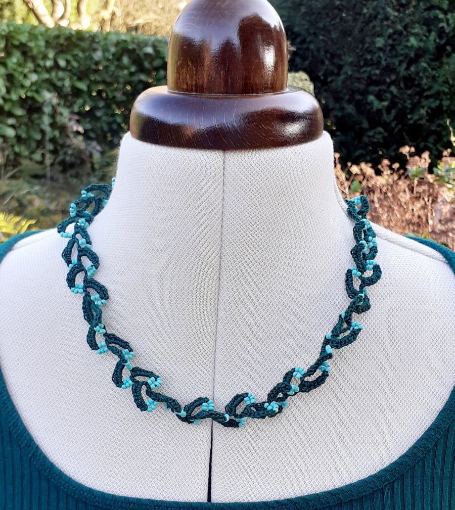 Crochet Cotton and Bead Necklace- Green and Turquoise 
