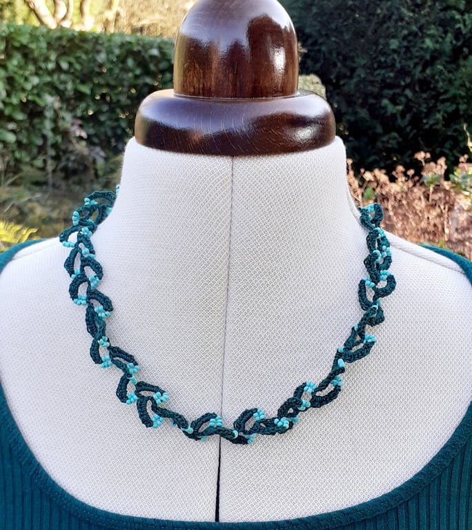 Crochet Cotton and Bead Necklace- Green and Turquoise 