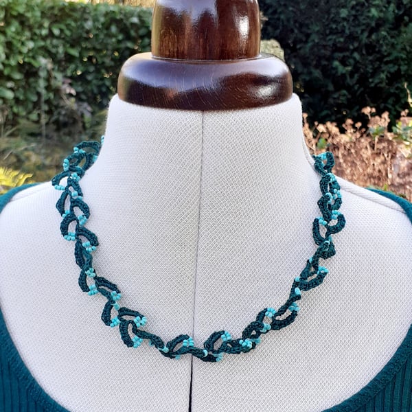 Crochet Cotton and Bead Necklace- Green and Turquoise 