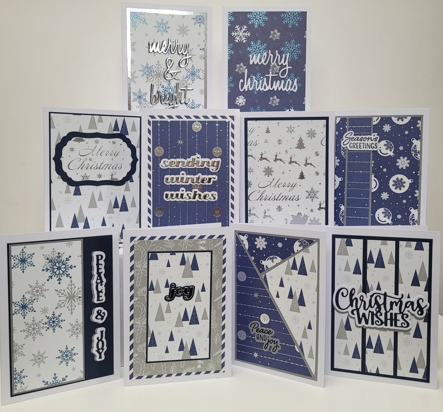 Boxed set of 10 Mixed Variety Christmas Cards - Blue white and silver