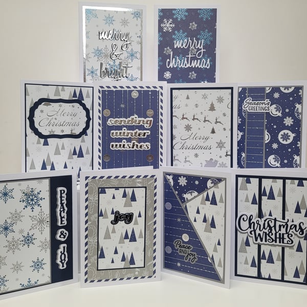Boxed set of 10 Mixed Variety Christmas Cards - Blue white and silver