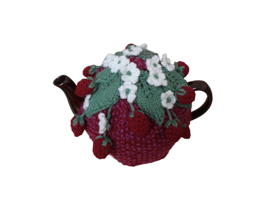 Strawberry Tea Cosy With White Flowers, Green Leaves 3-4Cup (R258)