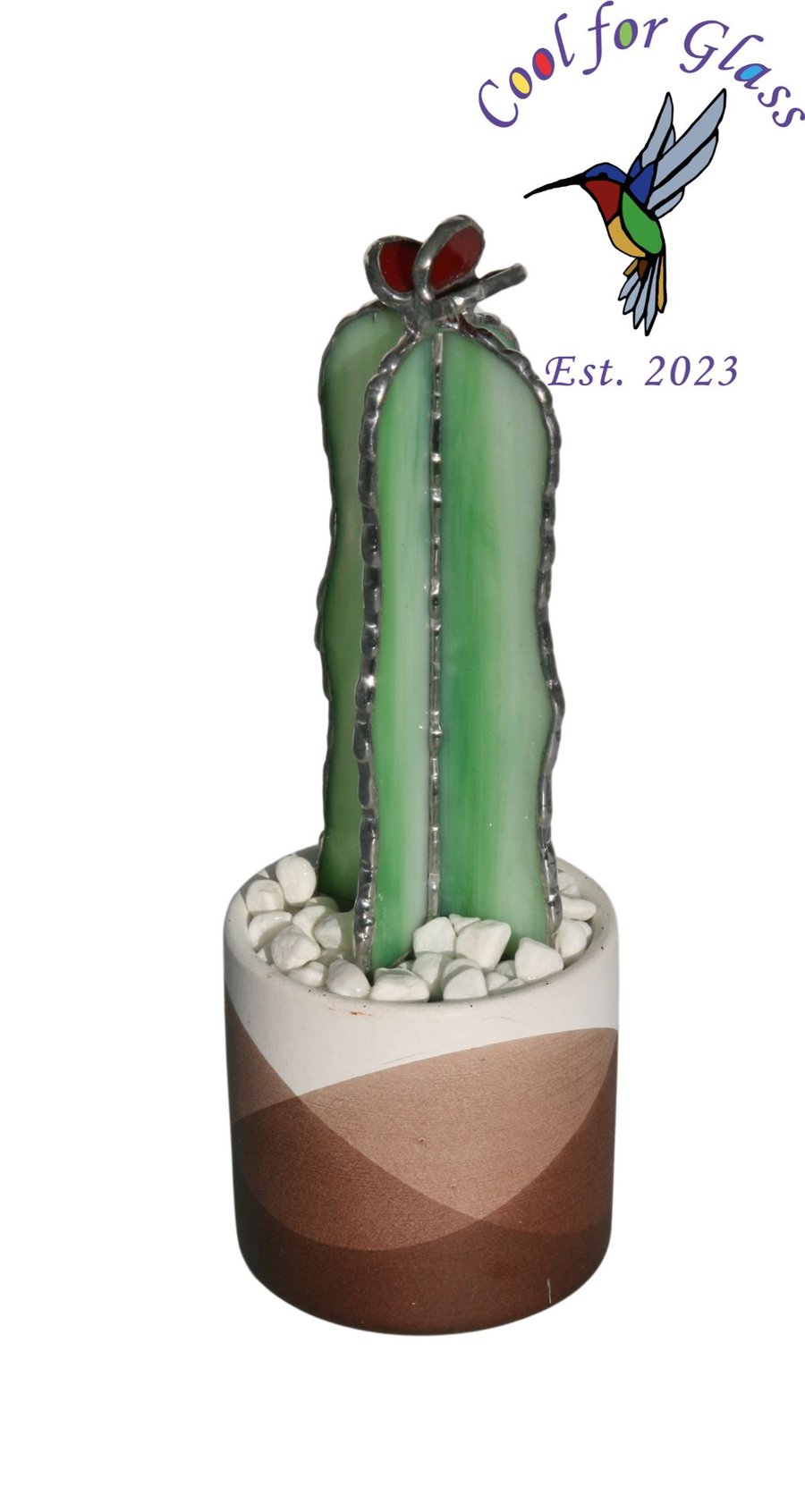 Stained glass tall cactus with flower in decorative pot