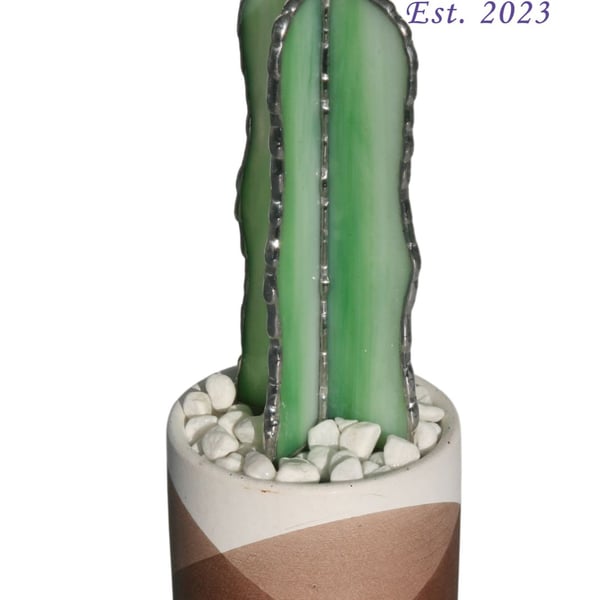 Stained glass tall cactus with flower in decorative pot