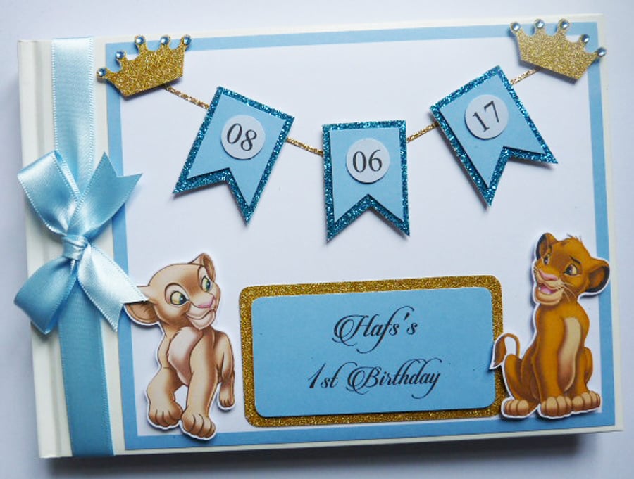 Personalised Lion King Simba and Nala blue and gold birthday guest book