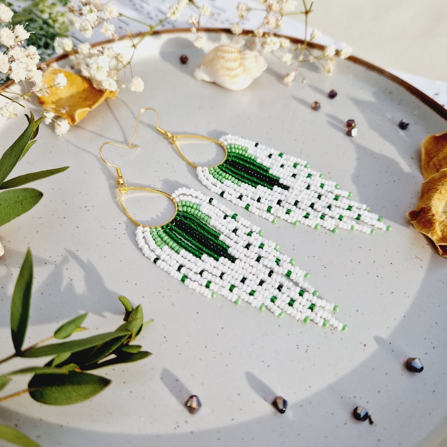 Long dangle beaded earrings Seed bead earrings Fringe earrings White and green e