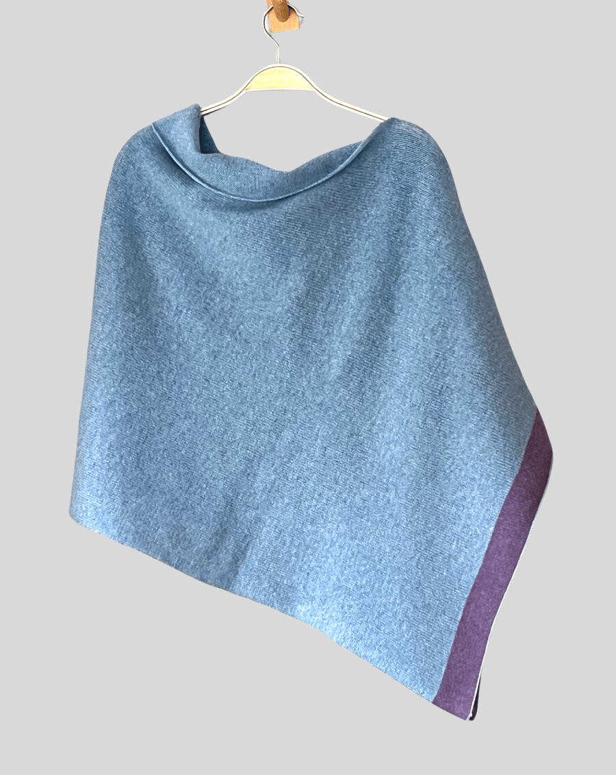 Poncho merino lambswool light blue poncho wrap with amethyst border