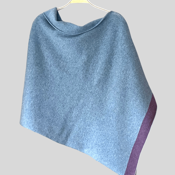 Poncho merino lambswool light blue poncho wrap with amethyst border