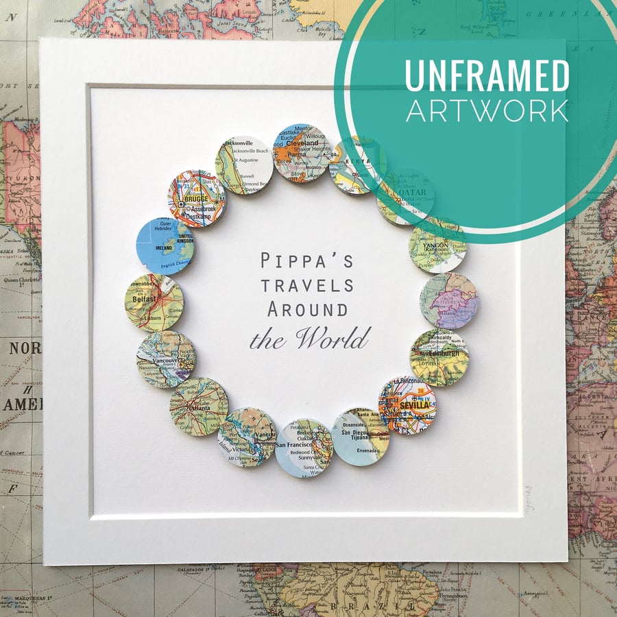 Custom Map Artwork with your choice of any 16 World Locations. Unframed.