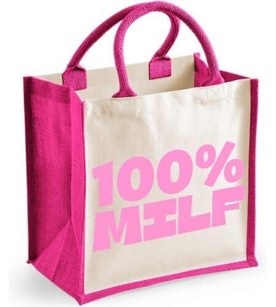 100 Percent MILF Midi Jute Shopper Mother's Day Birthday Christmas Eco-friendly 