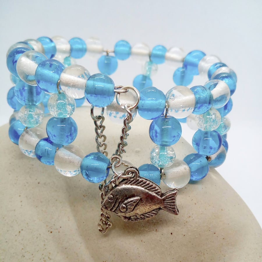 Blue & Clear Beaded Memory Wire Cuff Bracelet With Safety Chain and Fish Charm