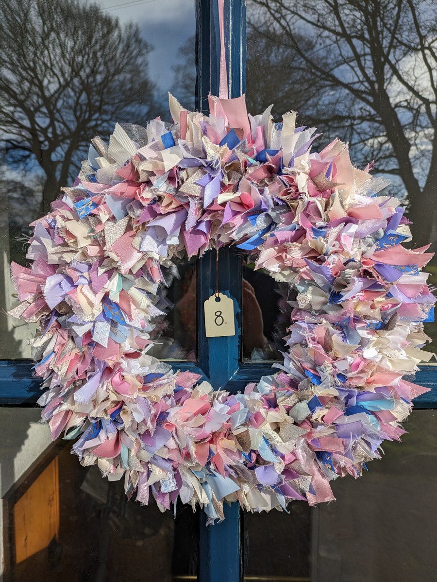 Handmade Upcycled eco Wreath hyacinth colours ribbons and material