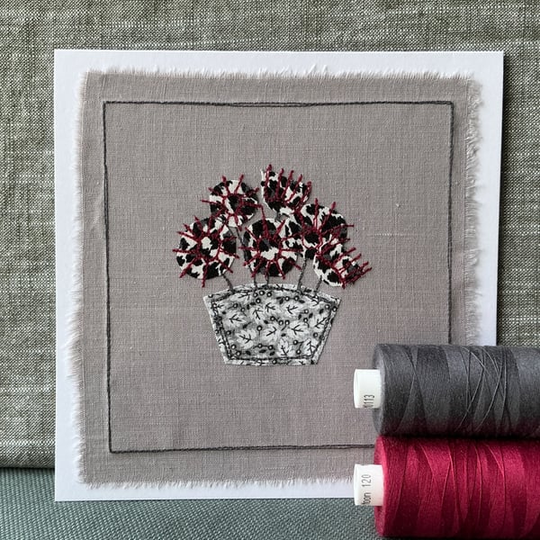 Embroidered, appliqué greetings card, with envelope. Blank inside.