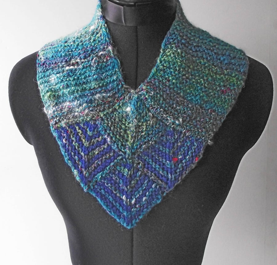 Neckwarmer, Scarf, Dickie, Blue, Green, Handspun, Knitted, Gift