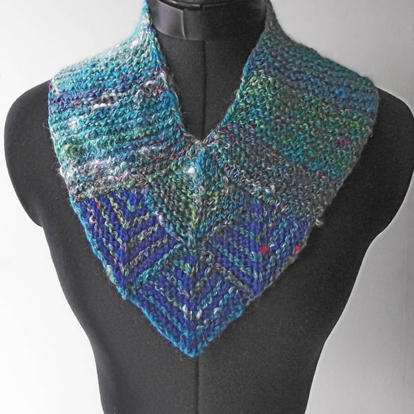 Neckwarmer, Scarf, Dickie, Blue, Green, Handspun, Knitted, Gift