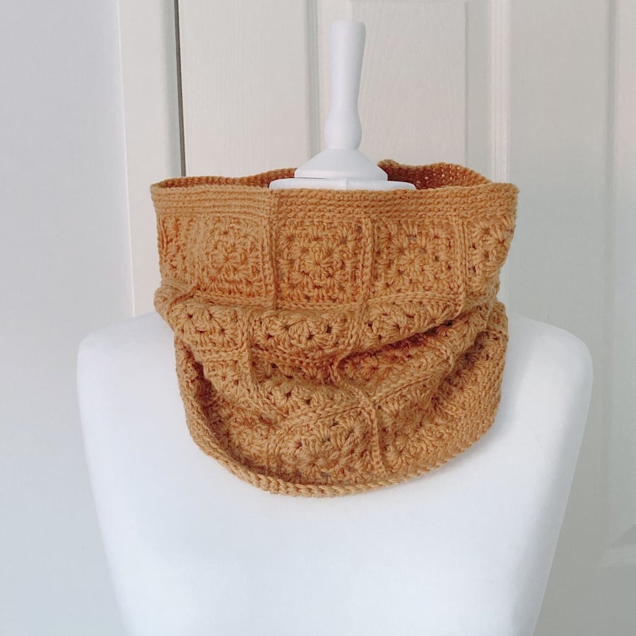 Crocheted Granny Square Merino Wool Cowl - Gold Colour Muffler - Infinity Scarf
