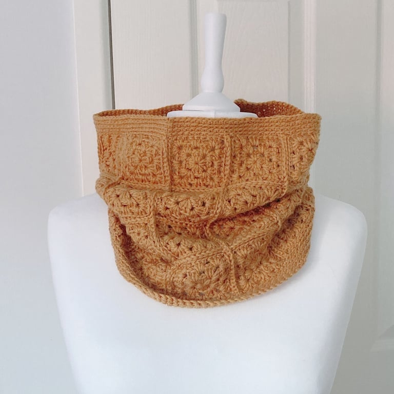Crocheted Granny Square Merino Wool Cowl - Gold Colour Muffler - Infinity Scarf
