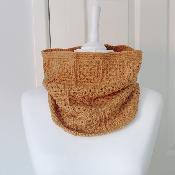 Crocheted Granny Square Merino Wool Cowl - Gold Colour Muffler - Infinity Scarf