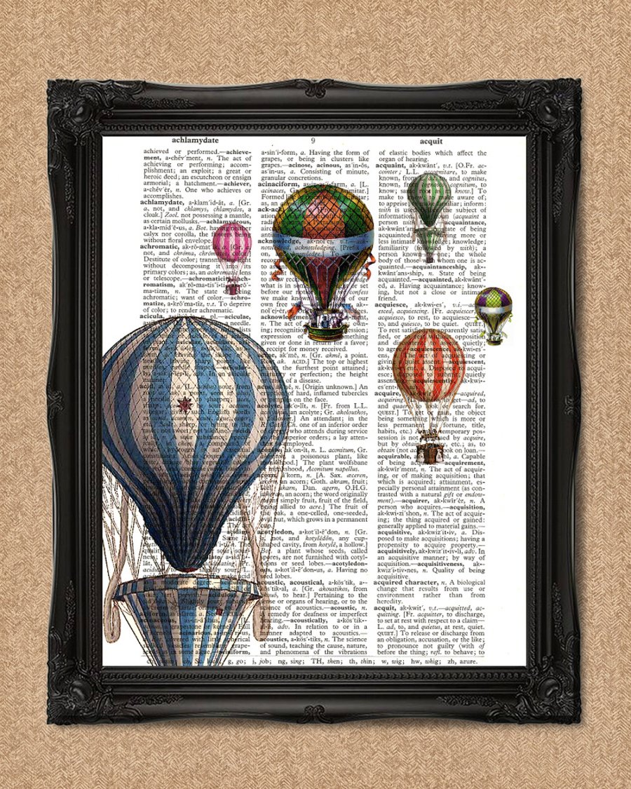HOT AIR BALLOONS DICTIONARY PRINT Decorative upcycled book art A128D