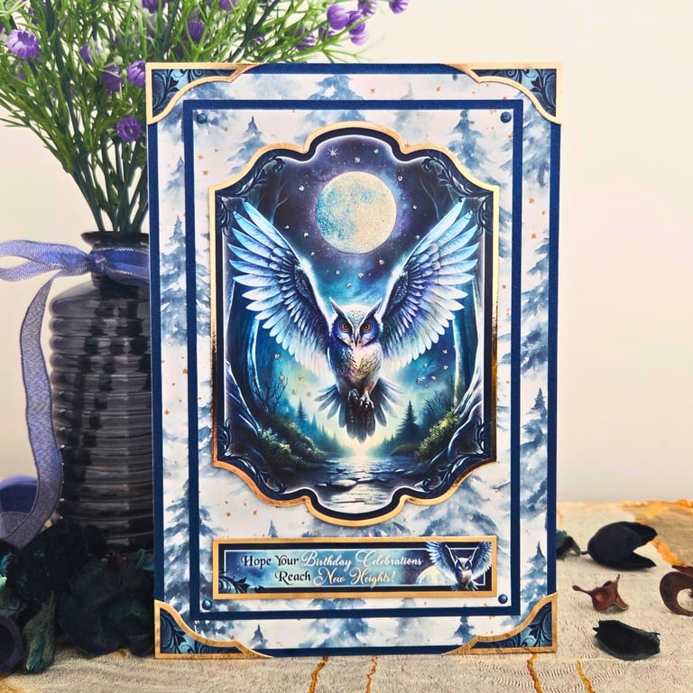 Owl Fantasy Birthday Card For Her Or Him Deep Blue