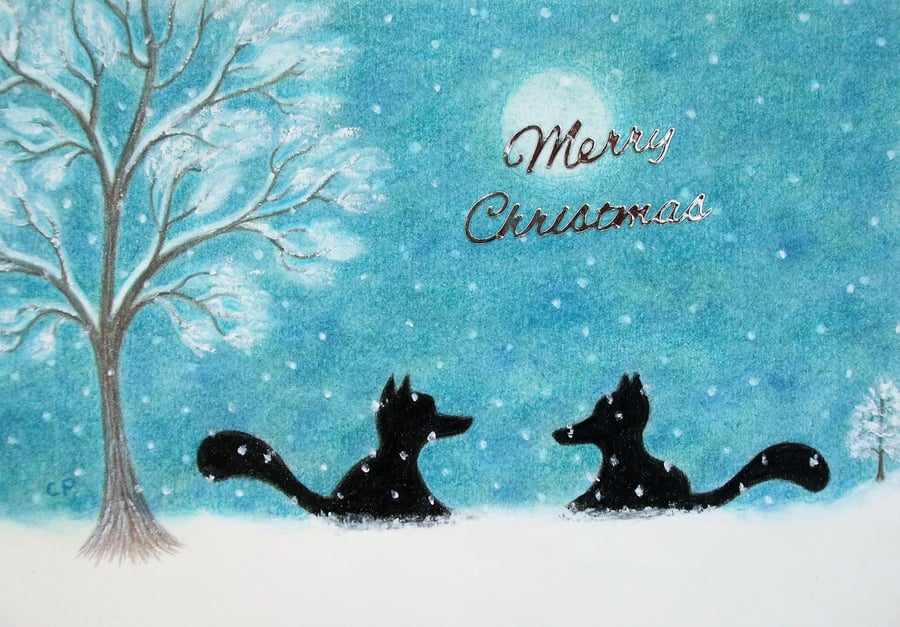 Fox Christmas Card, Snow Fox Art Card, Christmas Silhouette Card, Moon Fox Tree