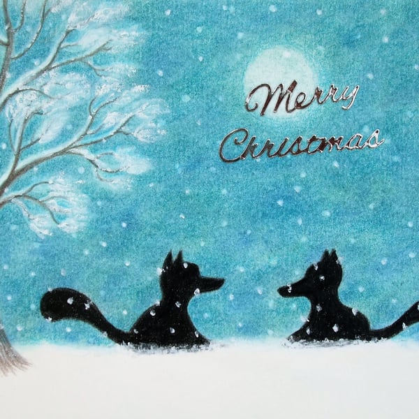 Fox Christmas Card, Snow Fox Art Card, Christmas Silhouette Card, Moon Fox Tree
