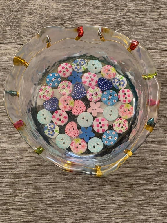 Patterned Button Filled resin Bowl with Fairy Lights Christmas themed 