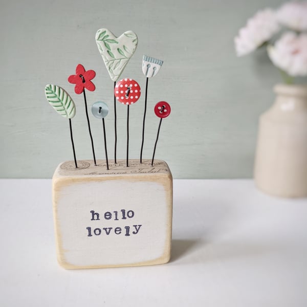 Clay Heart and Button Flowers in a Painted Wood Block 'hello lovely'