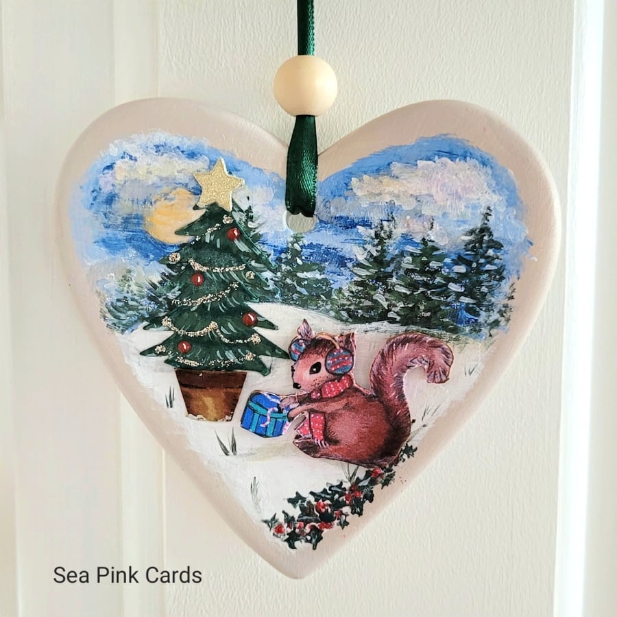 Christmas Heart Decoration - gift, clay ornament, red squirrel, trees, star