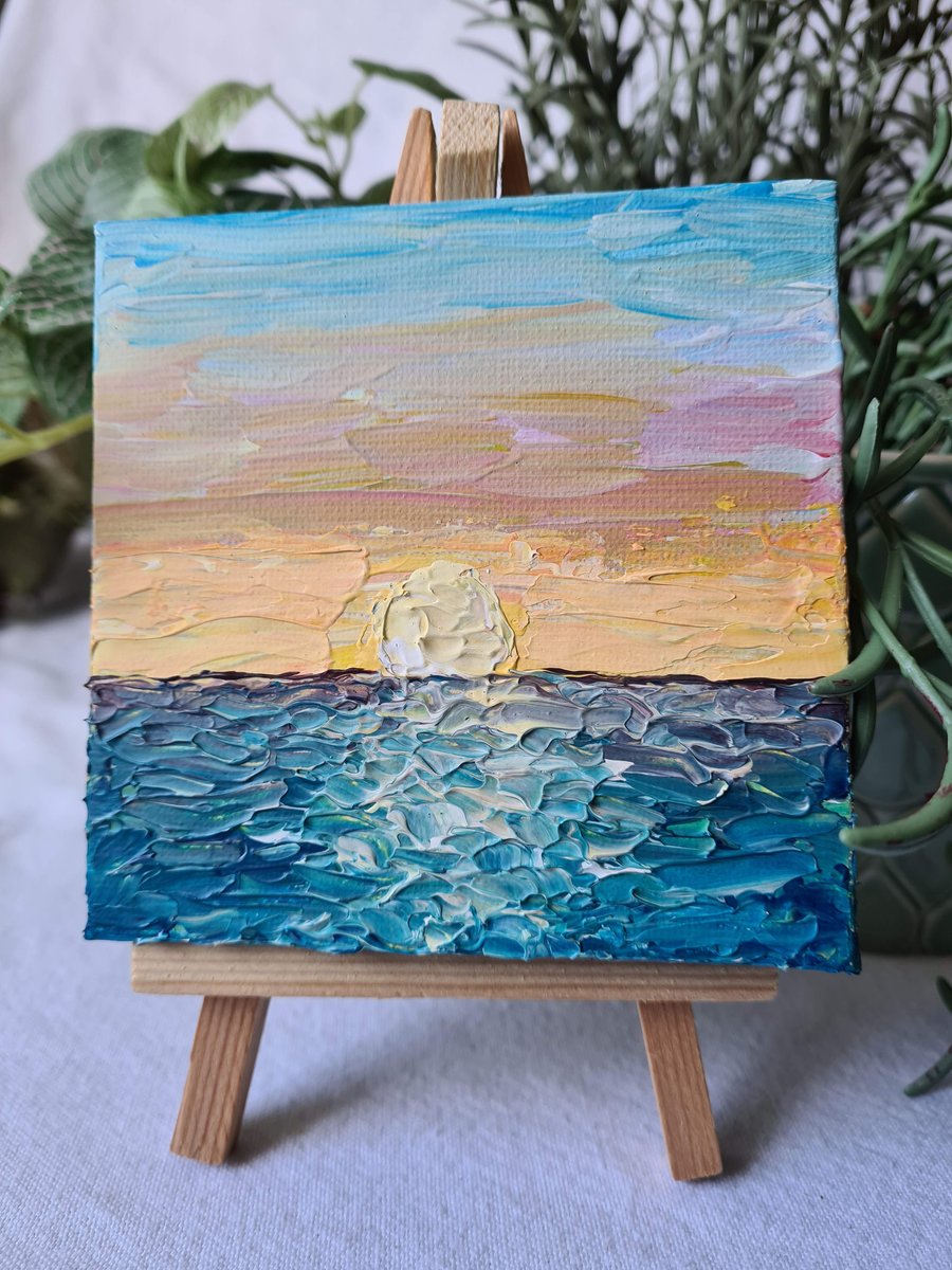 Mini canvas art with easel original art sunset painting home decor