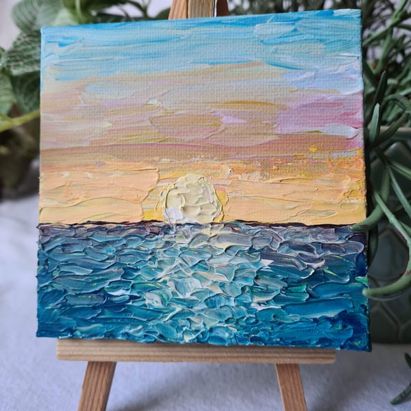 Mini canvas art with easel original art sunset painting home decor