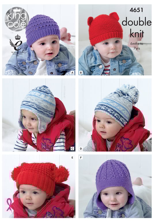 Knitting Pattern - King Cole DK Knitting Pattern 4651 - Children's Hats