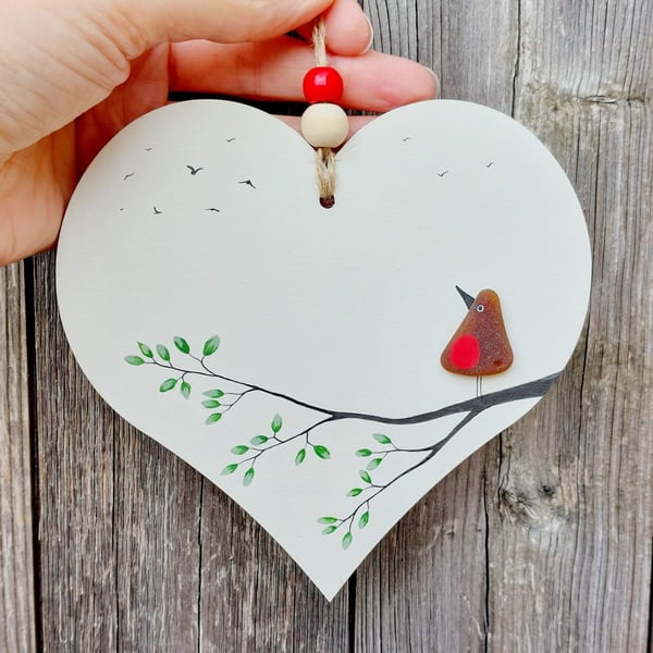 Sea Glass Robin Heart, Handmade Robin Hanging Decoration, Meaningful Remembrance