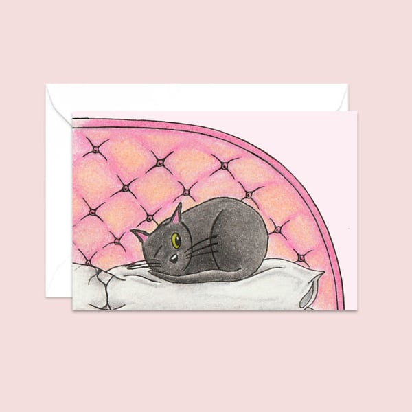 Sleeping Cat Greeting Card: Hand Drawn Pencil Illustration (110)