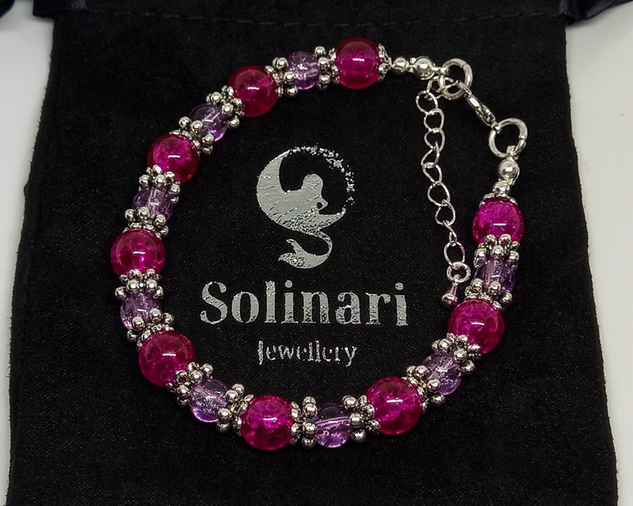 SALE - Adjustable crackle glass beaded bracelet in pink & silver 