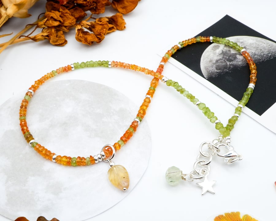 Sterling Silver Citrine and Peridot Gemstone Beaded Leaf Necklace 