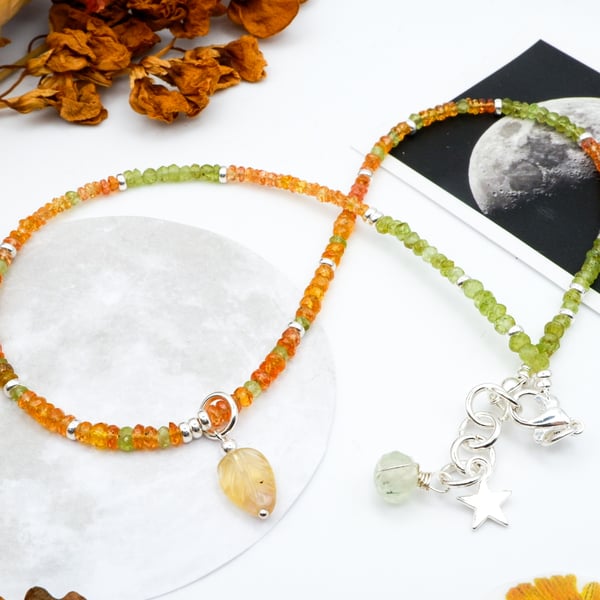 Sterling Silver Citrine and Peridot Gemstone Beaded Leaf Necklace 