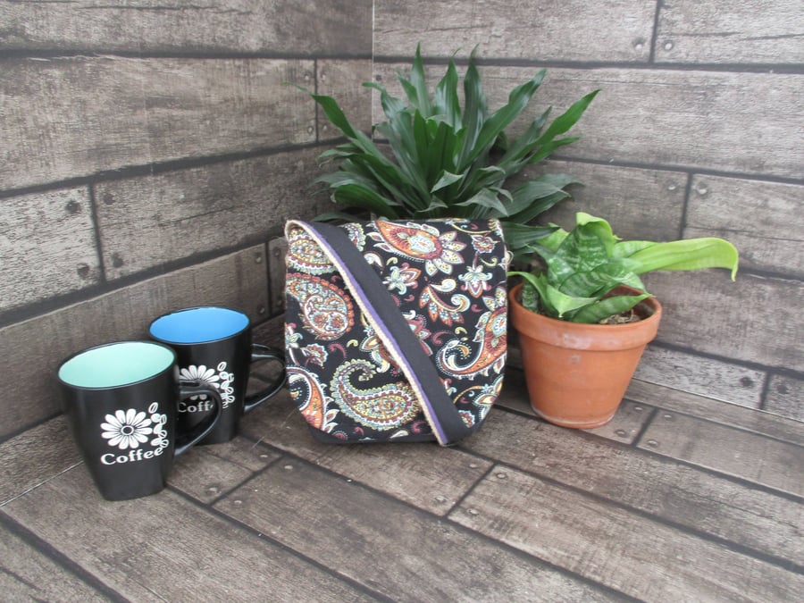 Upcycled Coffee Sack -  Mini Shoulder Bag - Black with paisley