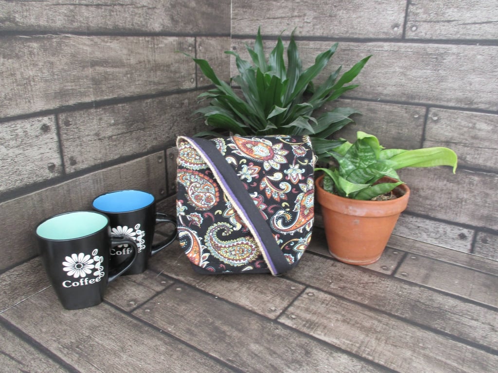 Upcycled Coffee Sack -  Mini Shoulder Bag - Black with paisley