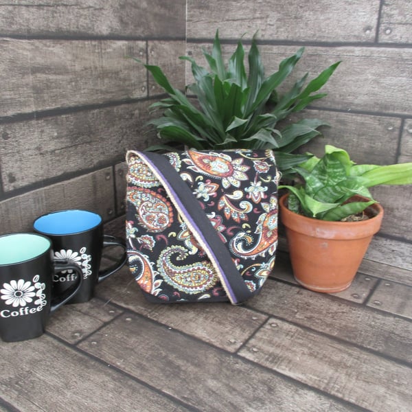 Upcycled Coffee Sack -  Mini Shoulder Bag - Black with paisley