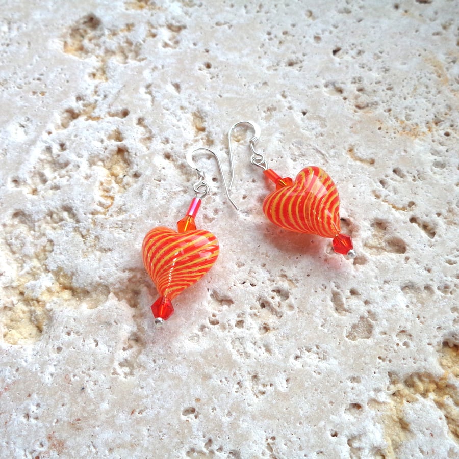 Sterling silver drop earrings with orange & yellow unique hollow glass hearts