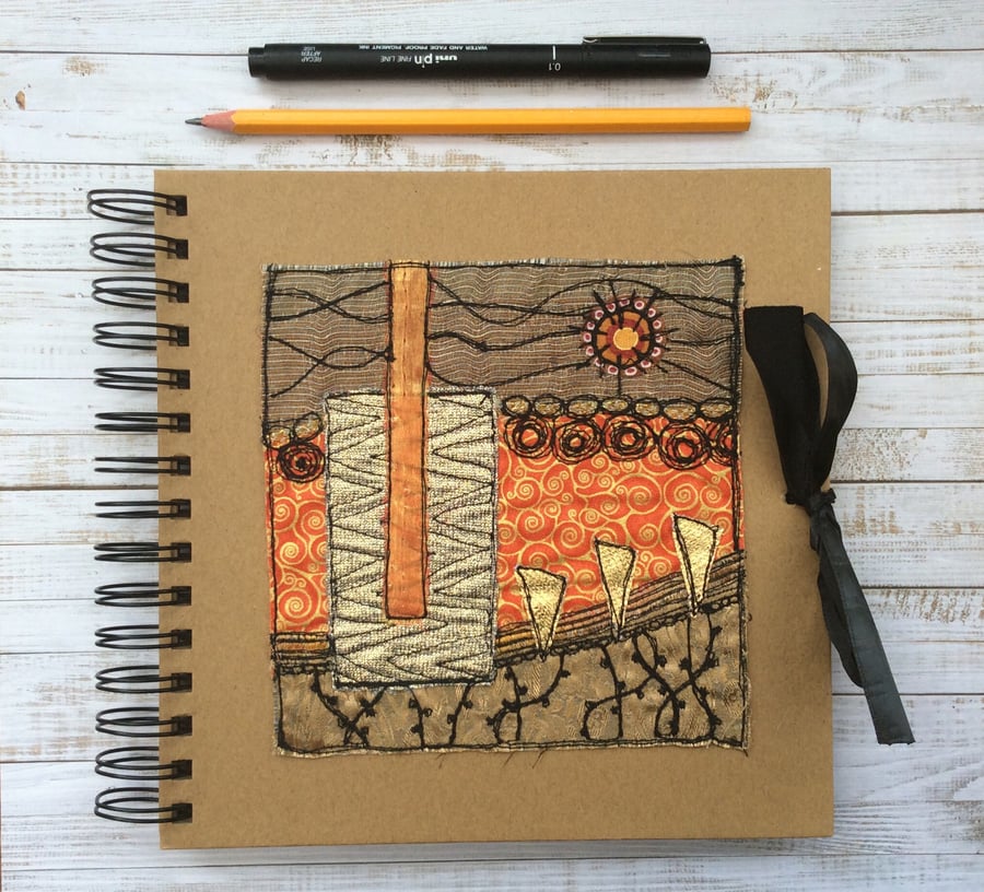 Embroidered Klimt inspired sketchbook, journal or scrapbook. 