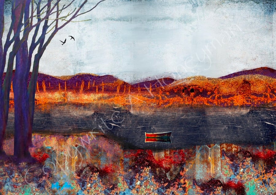 Scottish landscape with birds mixed media print