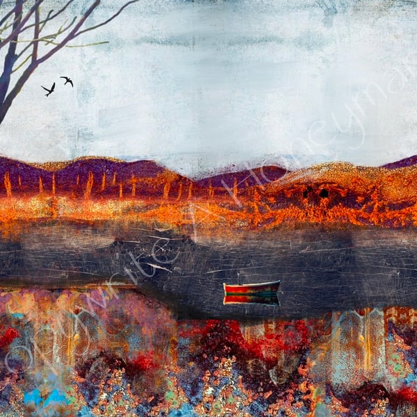 Scottish landscape with birds mixed media print