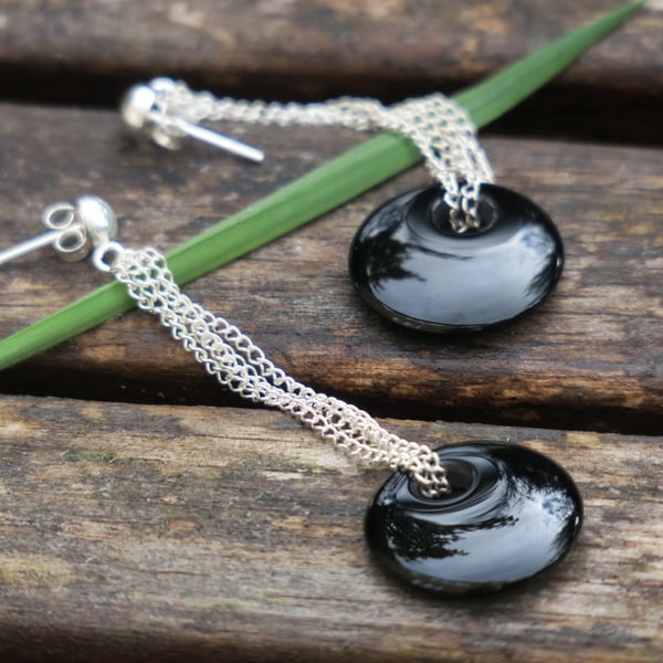 Onyx Earrings, Silver Chain Earrings, Black Onyx Earrings, Dangle Earrings