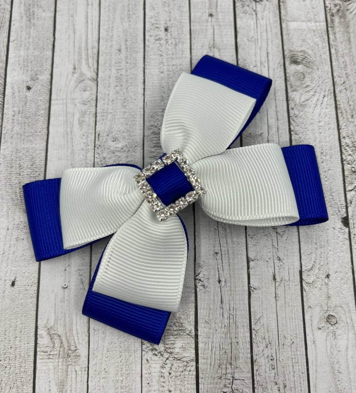Cobalt Blue and White Double Layer Bow on Clip