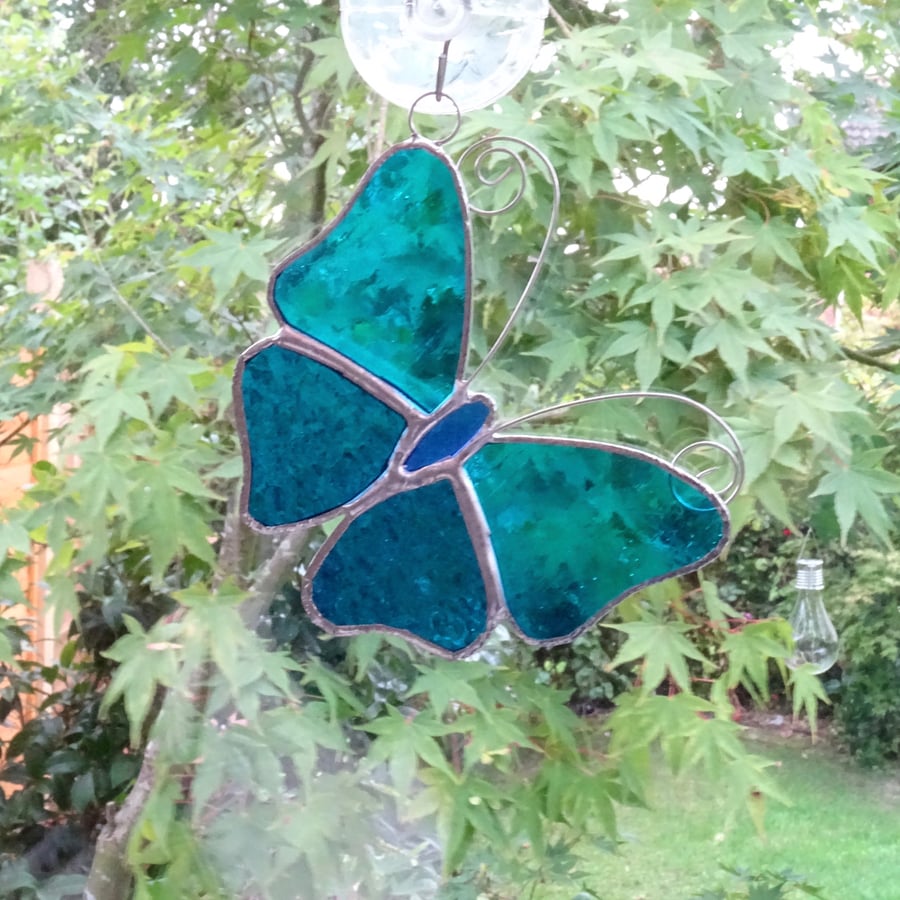 Stained Glass Butterfly Suncatcher - Turquoise and Teal  