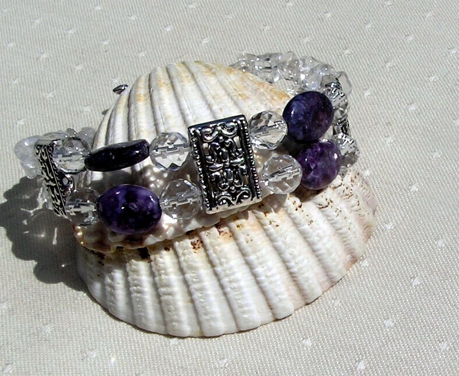 Purple Lepidolite & Clear Quartz Crystal Gemstone Bracelet "Purple Peace"
